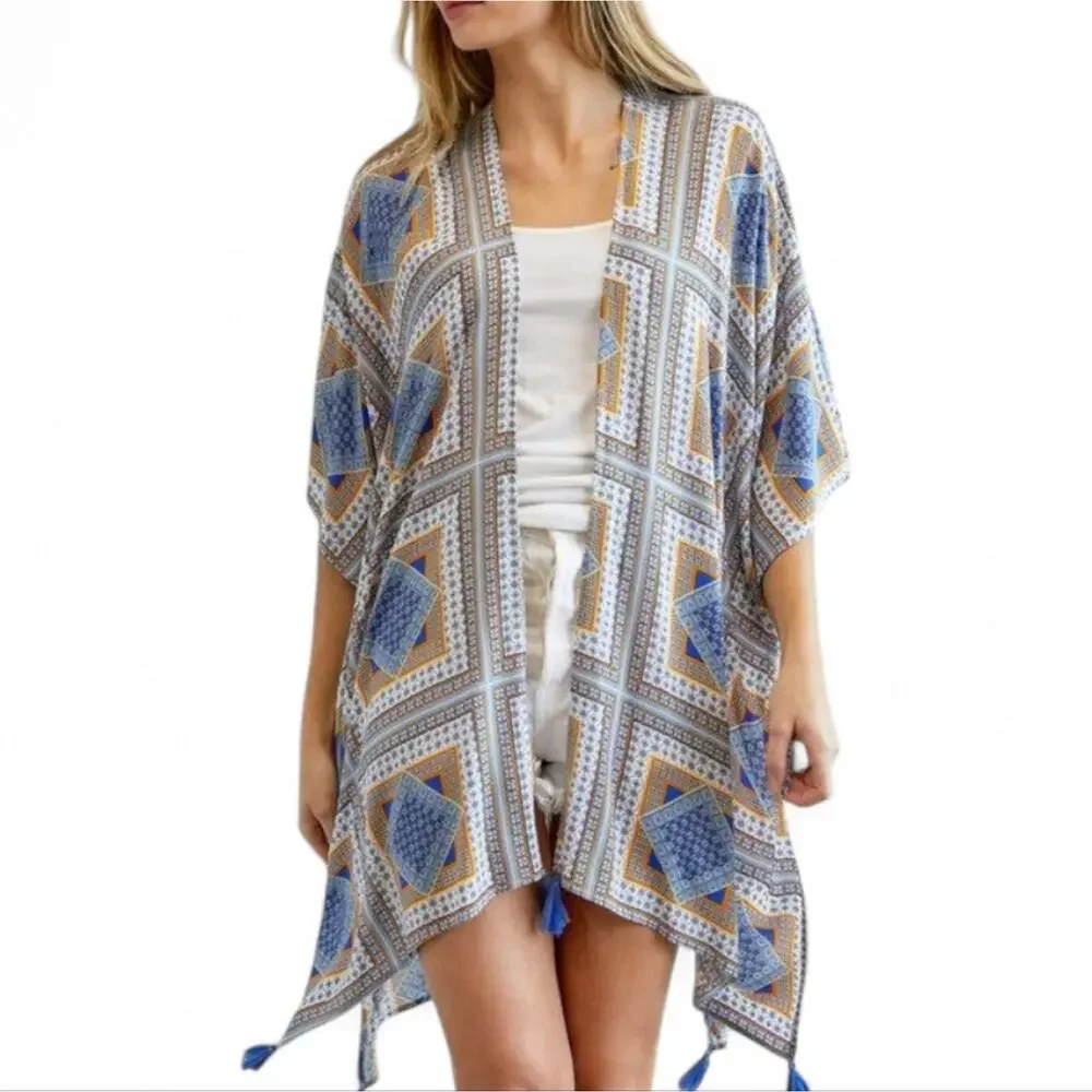 Davi & Dani Short Sleeve Loose Kimono Size Large Blue Orange Boho Festival